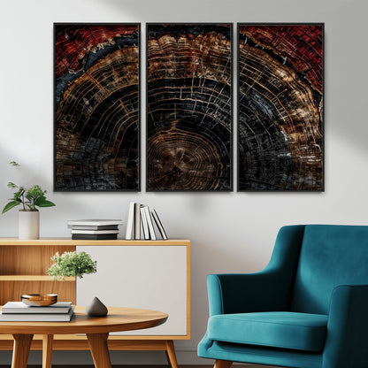 Dark Wood Wall Art Print - Petrified Tree Canvas Print, featuring an intricate tree ring pattern with deep earthy tones and organic textures, perfect for rustic and nature-inspired decor.