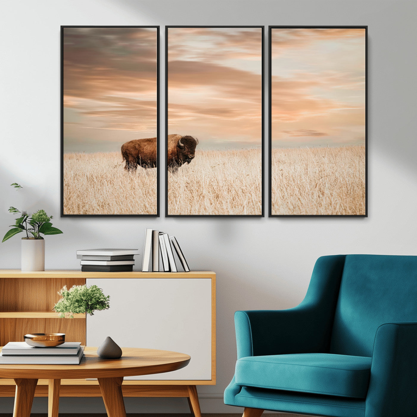 Bison Wall Art Print - Buffalo Canvas Print, featuring a lone bison in a golden prairie under a warm sunset sky, perfect for rustic and farmhouse decor.