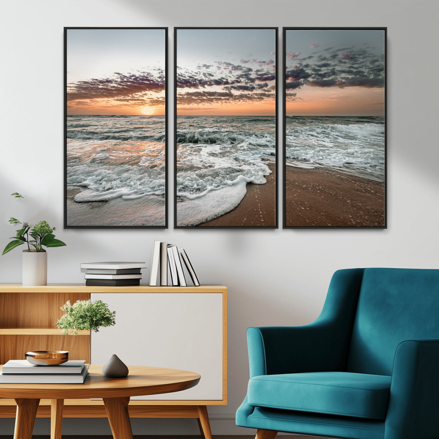 Ocean Sunset Wall Art Print - Beach Waves Canvas Print, featuring a serene seascape with golden sunlight reflecting on gentle waves, perfect for coastal and minimalist decor.