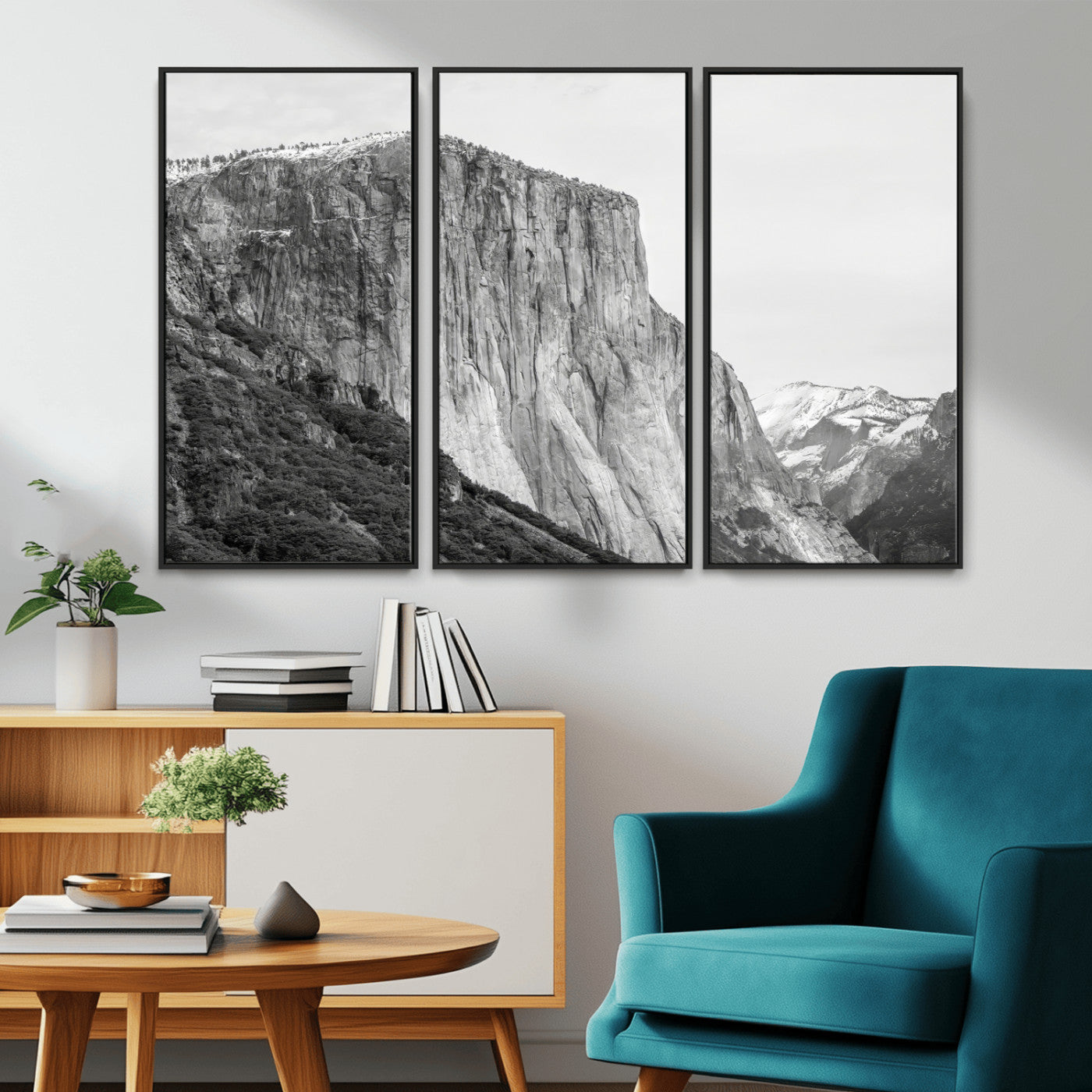 Monochrome canvas of El Capitan’s granite wall in Yosemite with snowy peaks, ideal for dramatic mountain or black-and-white nature decor.