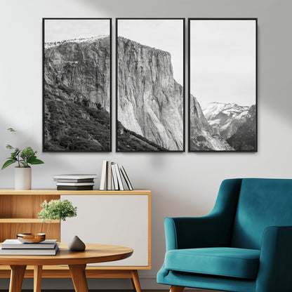 Monochrome canvas of El Capitan’s granite wall in Yosemite with snowy peaks, ideal for dramatic mountain or black-and-white nature decor.