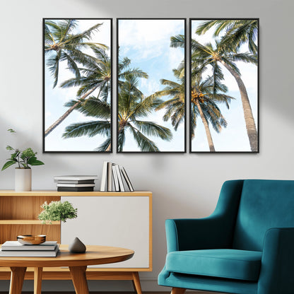 Framed canvas of tall palm trees reaching into a tropical sky, ideal for beach home or relaxed island-inspired wall decor.