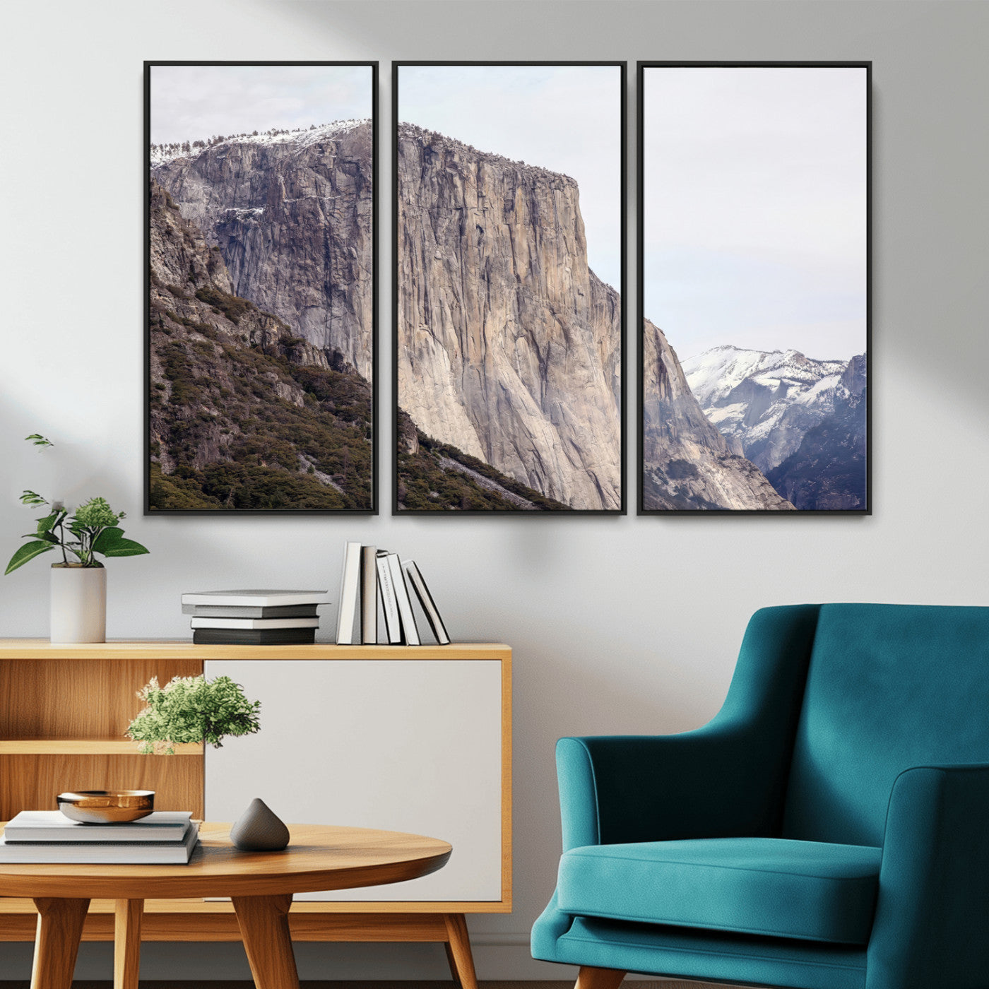 Framed canvas of El Capitan’s vertical granite face in Yosemite with snowy peaks, ideal for Sierra minimalism or mountain-inspired decor.