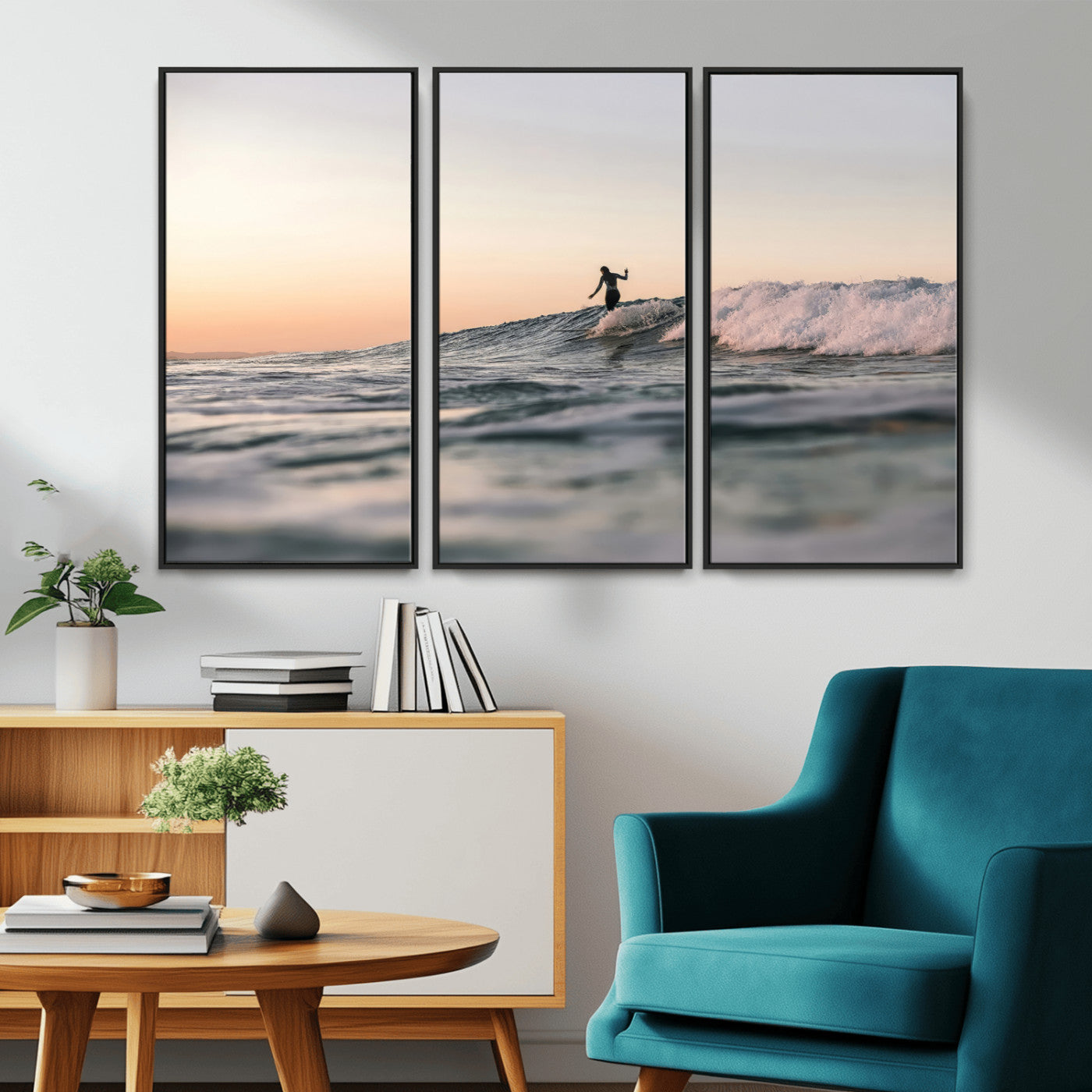 Framed canvas of a female surfer balancing on a wave at sunset, perfect for serene surf or ocean-inspired coastal decor.