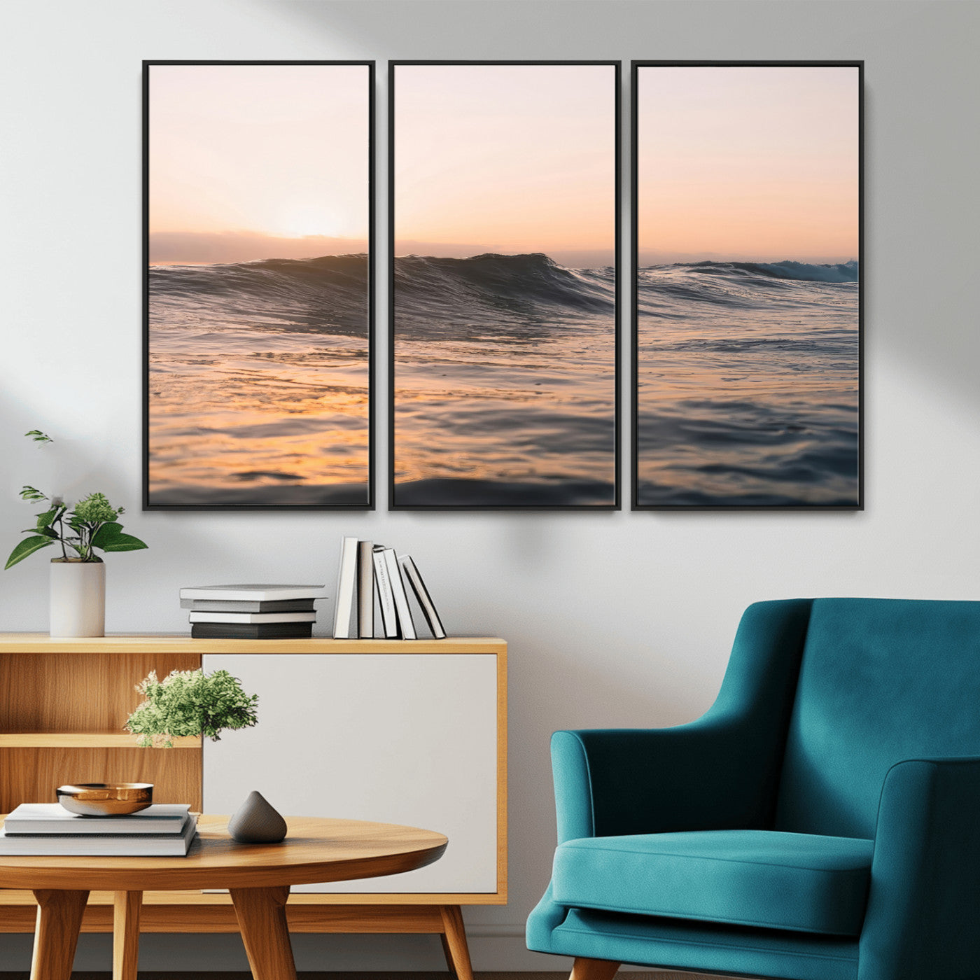 Framed canvas of ocean waves glowing in sunset light, ideal for golden hour calm or peaceful coastal-inspired wall decor.