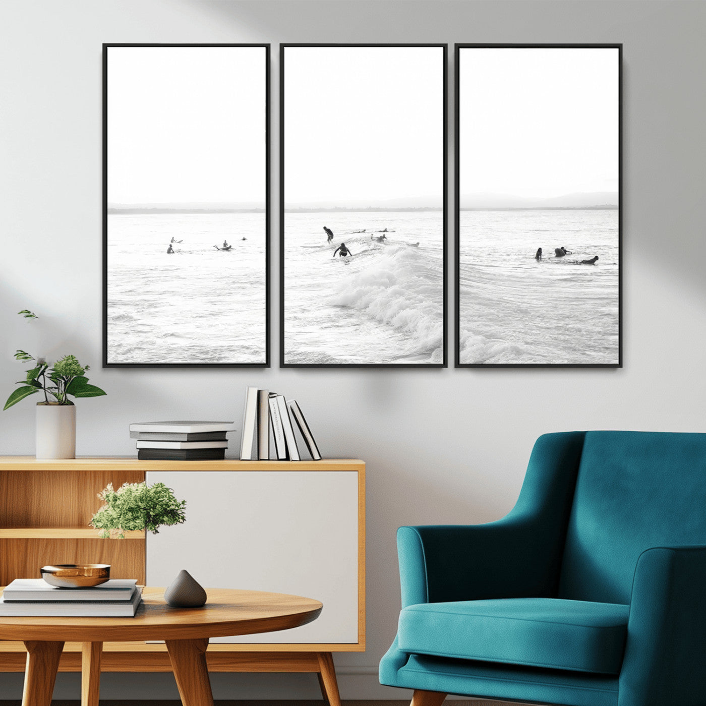 Monochrome photo of surfers riding and waiting on ocean waves, ideal for surf-themed or coastal energy wall decor.
