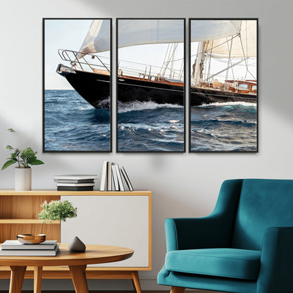 Close-up of a classic sailing yacht with wooden deck and full sails, perfect for nautical or coastal-style decor in ocean-themed spaces.