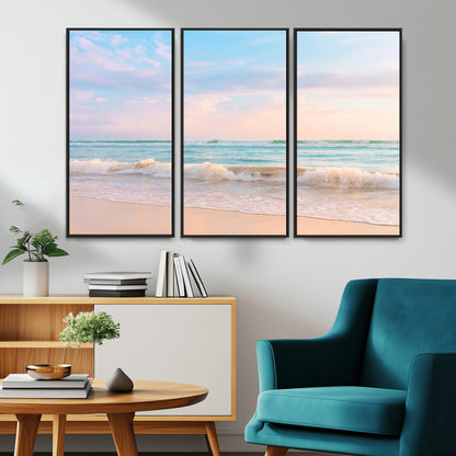 Pastel-toned ocean waves under soft sunset skies, ideal for pastel coastal or serene beach-style home decor.
