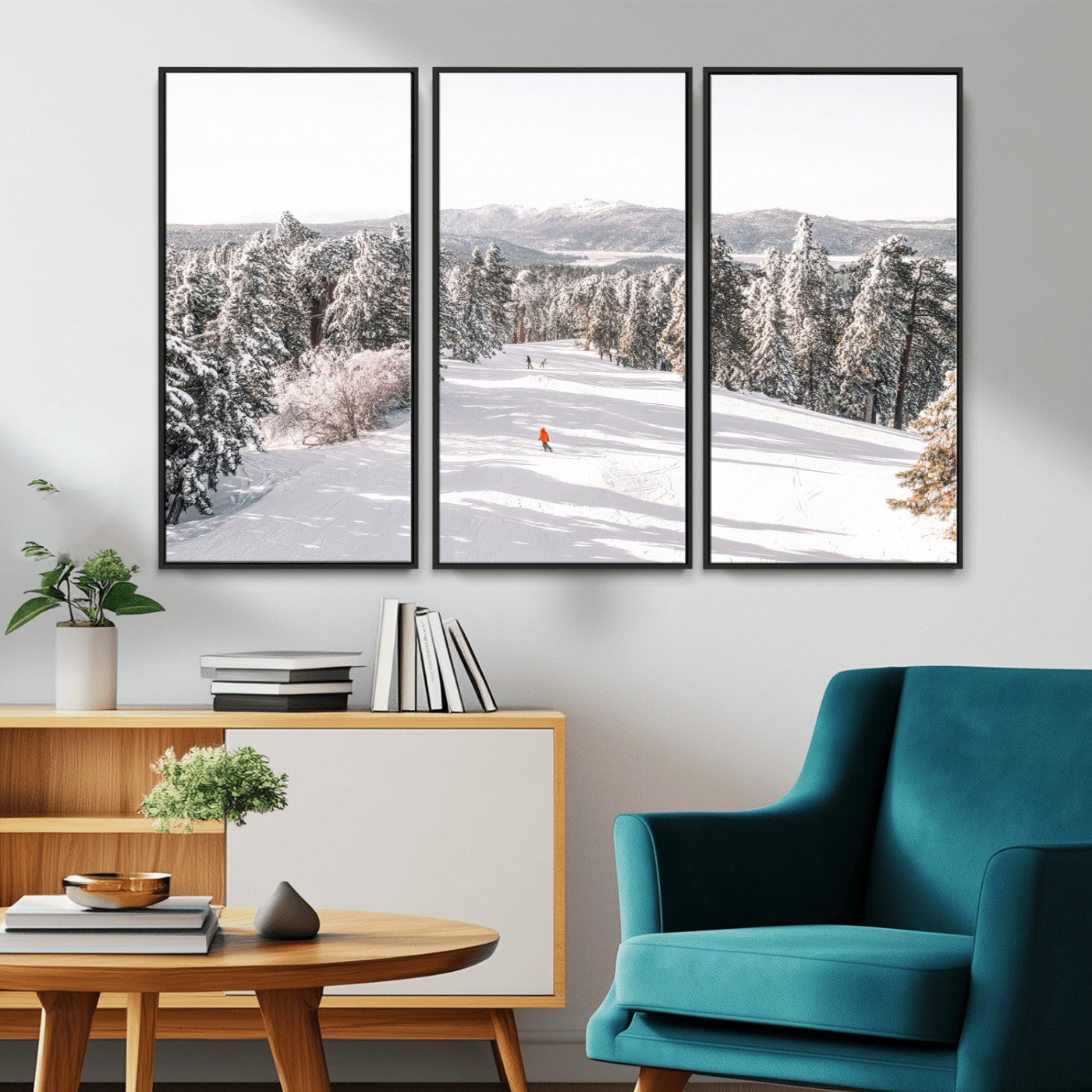 Bright ski trail lined with snow-covered pines and a skier in orange, perfect for alpine adventure or winter sports-inspired decor.