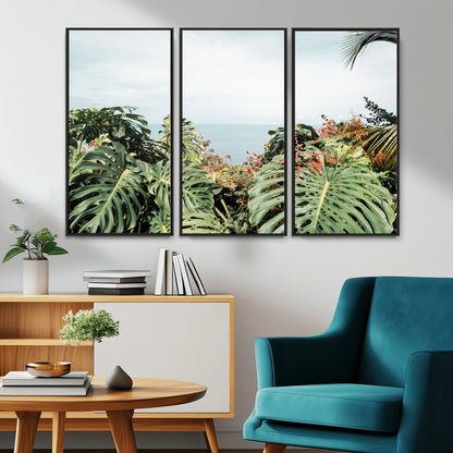 Monstera leaves and tropical flowers framing a calm ocean view, ideal for tropical coastal or exotic jungle-style interior wall decor.
