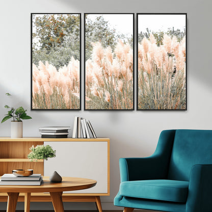 Soft pastel pampas grasses in a natural setting, ideal for neutral boho or rustic botanical-style interior wall decoration.
