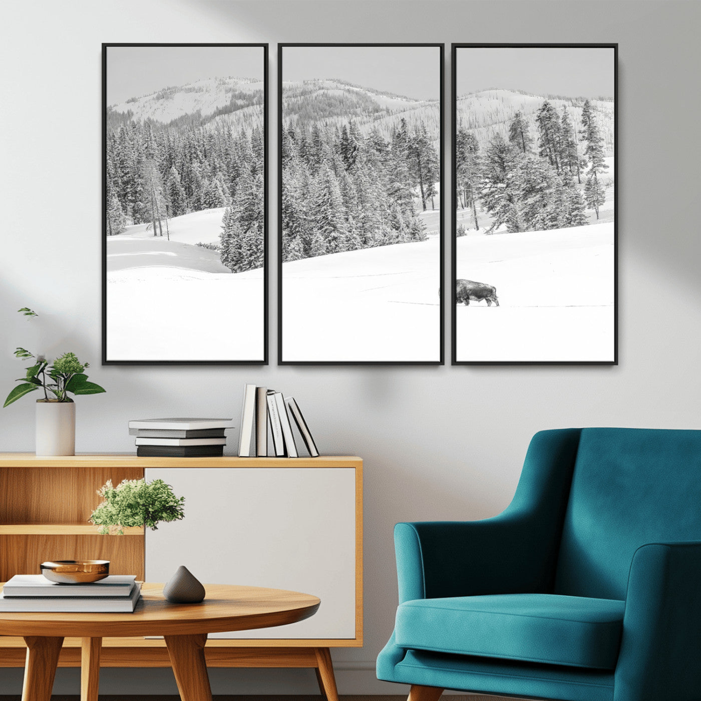 Snowy bison walking through white forest landscape, ideal for monochrome winter or wilderness-style interior wall decoration.