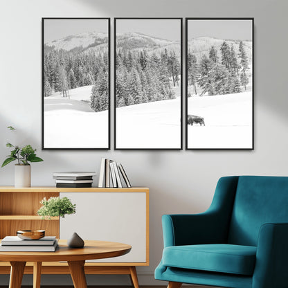 Snowy bison walking through white forest landscape, ideal for monochrome winter or wilderness-style interior wall decoration.