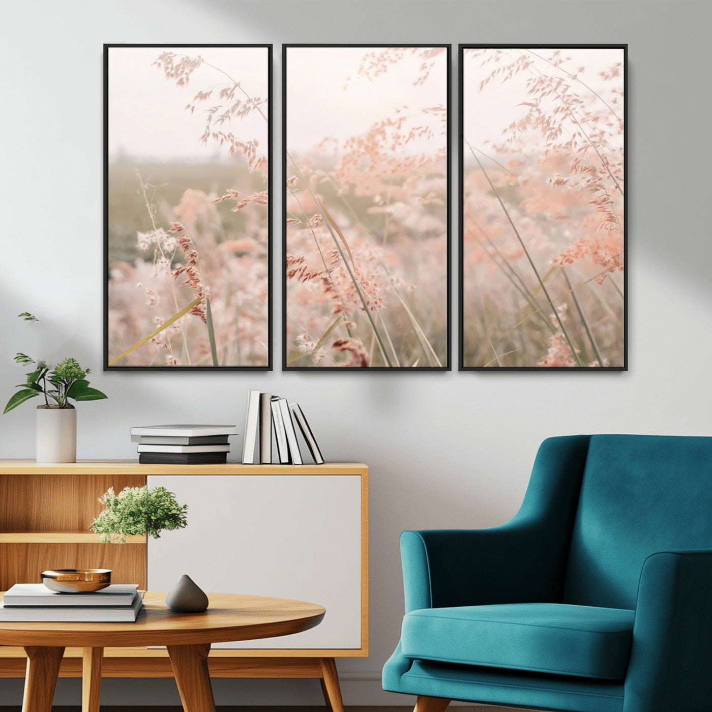 Soft pastel field with wild grasses in warm light, ideal for minimal nature or airy countryside-inspired interior wall decoration.