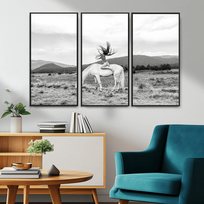 Black and white photo of a woman on a white horse in moody tones, ideal for Western Boho or modern rustic-style home decor.