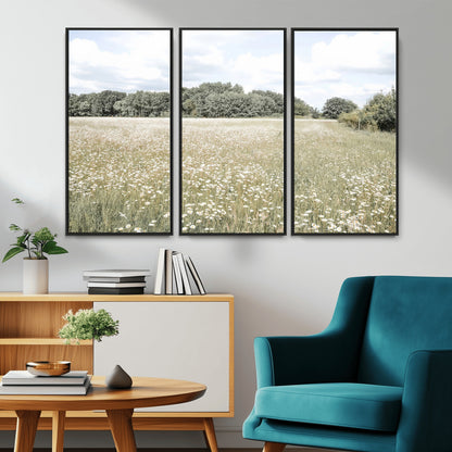 Soft-toned image of a wild daisy field under a cloudy sky, ideal for neutral or Scandinavian-inspired home decor.