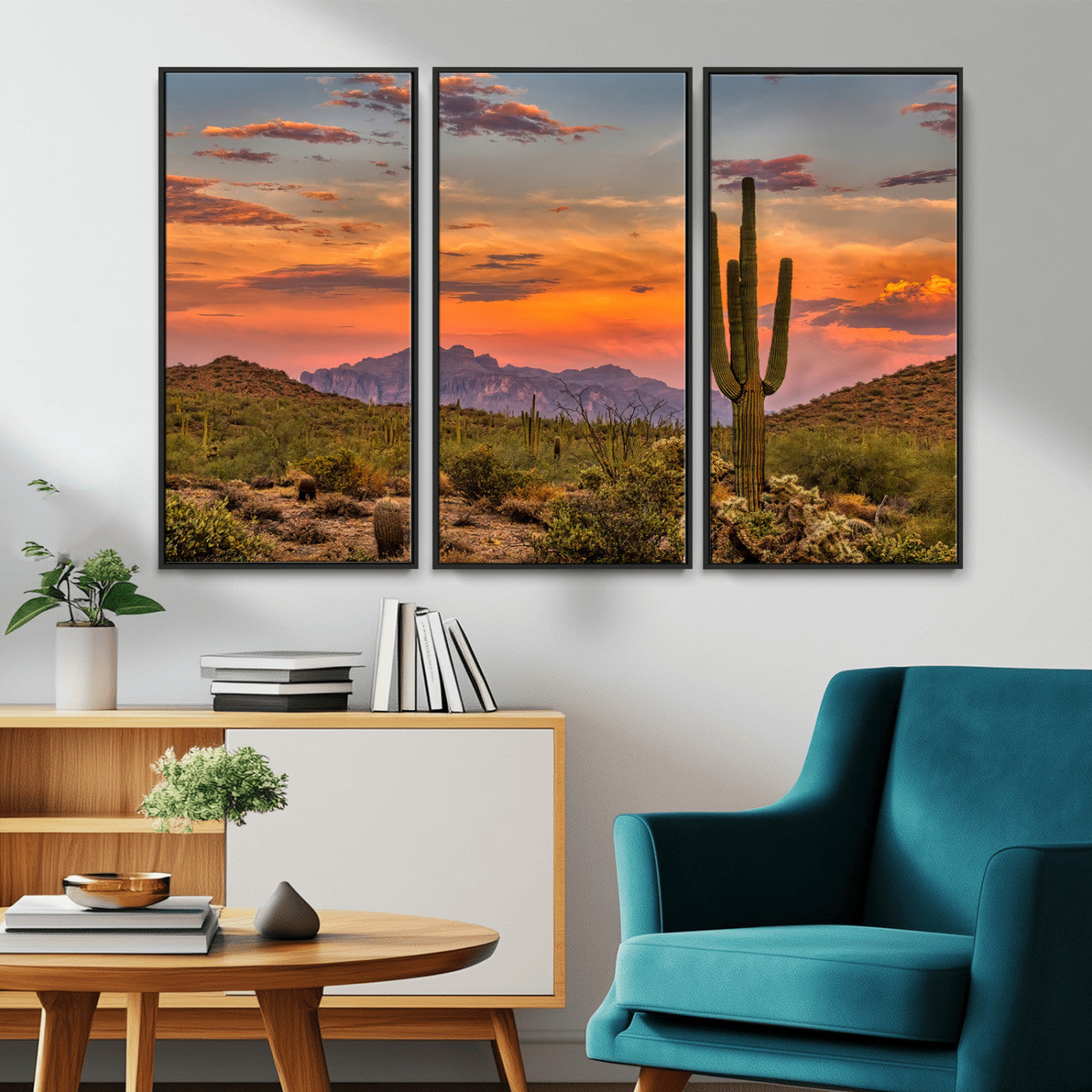 Vibrant desert sunset with saguaro cacti and distant mountains, perfect for Southwestern or warm-toned home decor.