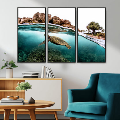 Dynamic split-view photo of a sea turtle swimming near rocky shores, perfect for vibrant coastal or tropical beach home decor.