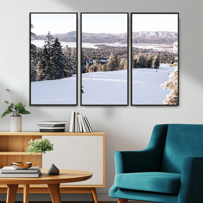 Canvas of a snowy mountain ski slope with pine trees and bright winter light, ideal for modern rustic or alpine-inspired home decor.