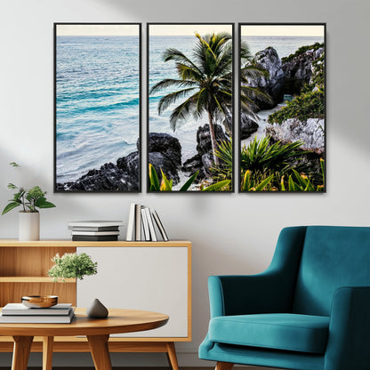 Framed canvas of a vibrant tropical coastline with palm trees, rocky cliffs, and turquoise waters, ideal for tropical coastal home decor.