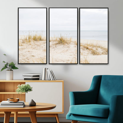Canvas of soft beach dunes and coastal grasses in neutral tones, perfect for Scandinavian coastal or minimalist nature-inspired home decor.   2/2