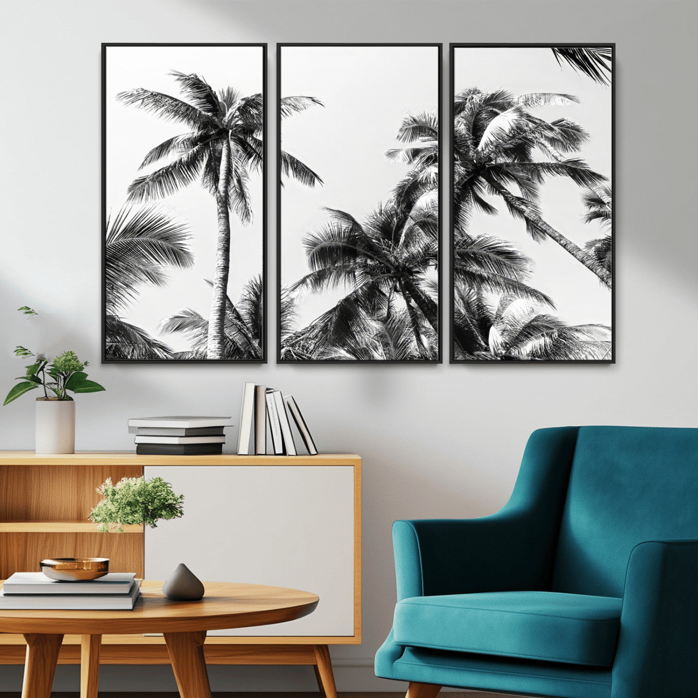 Black and white canvas of tall palm trees in moody tones, perfect for modern tropical minimalist or coastal-style home decor.