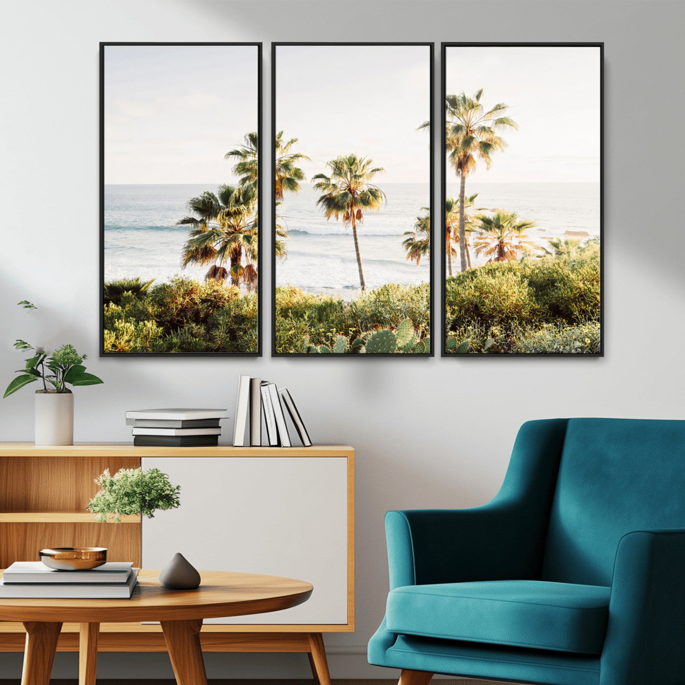 Framed print of sunlit palm trees on the California coast with warm tones, perfect for coastal minimalist or beach-style home decor.