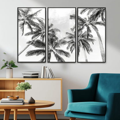 Black and white tropical palm trees viewed from below, swaying gently against a bright sky, creating a serene and elegant coastal atmosphere.