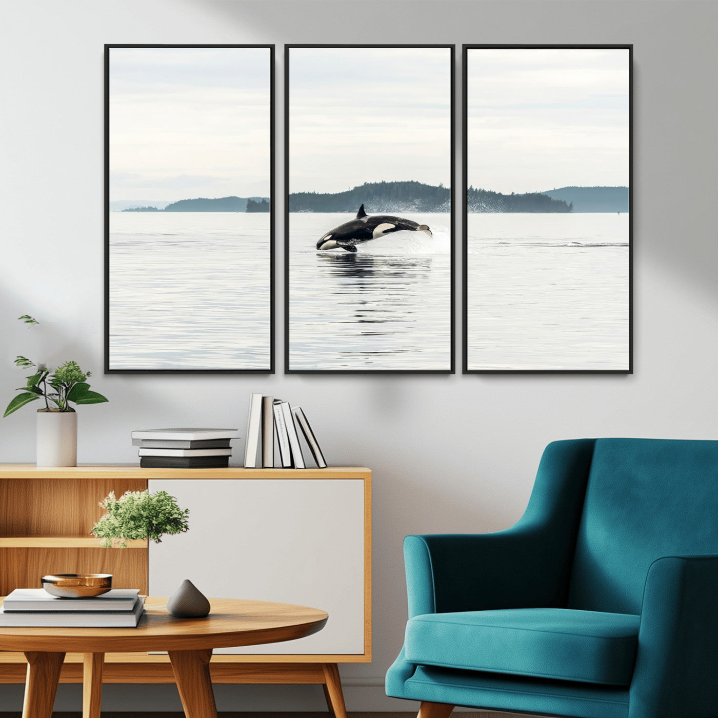 An orca jumping out of calm ocean waters with a misty island in the background, creating a serene and minimalist marine wildlife scene.