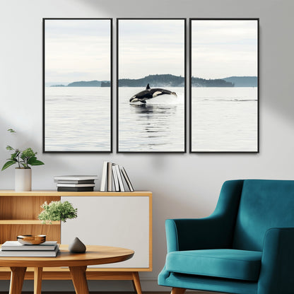 An orca jumping out of calm ocean waters with a misty island in the background, creating a serene and minimalist marine wildlife scene.