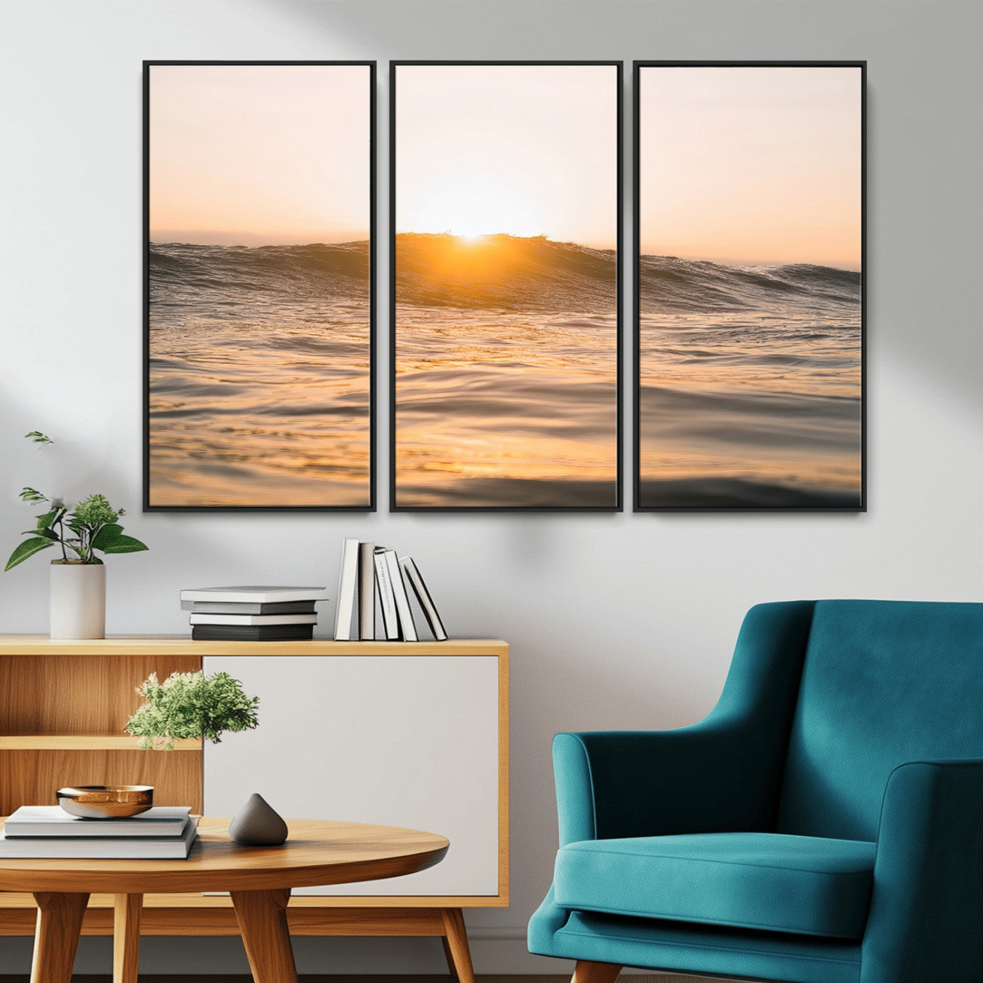Ocean waves glowing under a warm golden sunset, reflecting soft light and calm movement, perfect for warm minimalist coastal interiors.