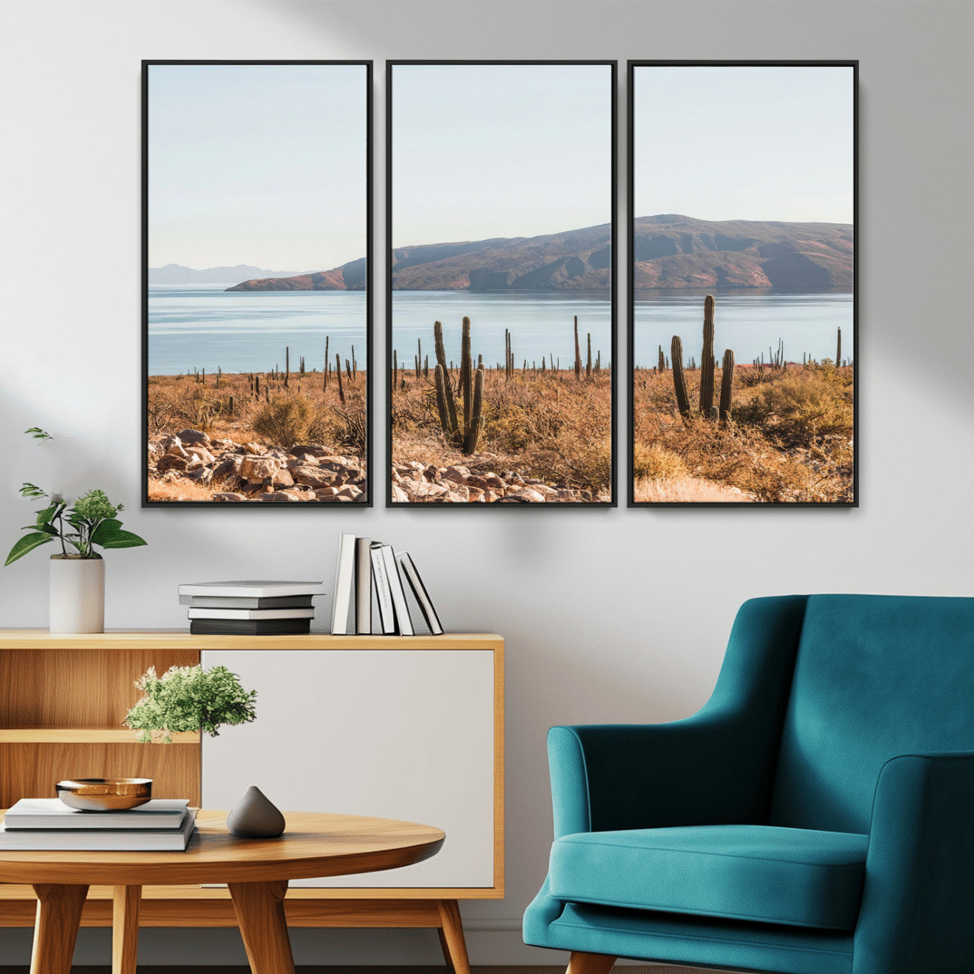 Warm desert landscape with cacti and coastal mountains, perfect for southwestern or earthy calm-themed home wall decor.