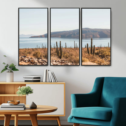 Warm desert landscape with cacti and coastal mountains, perfect for southwestern or earthy calm-themed home wall decor.