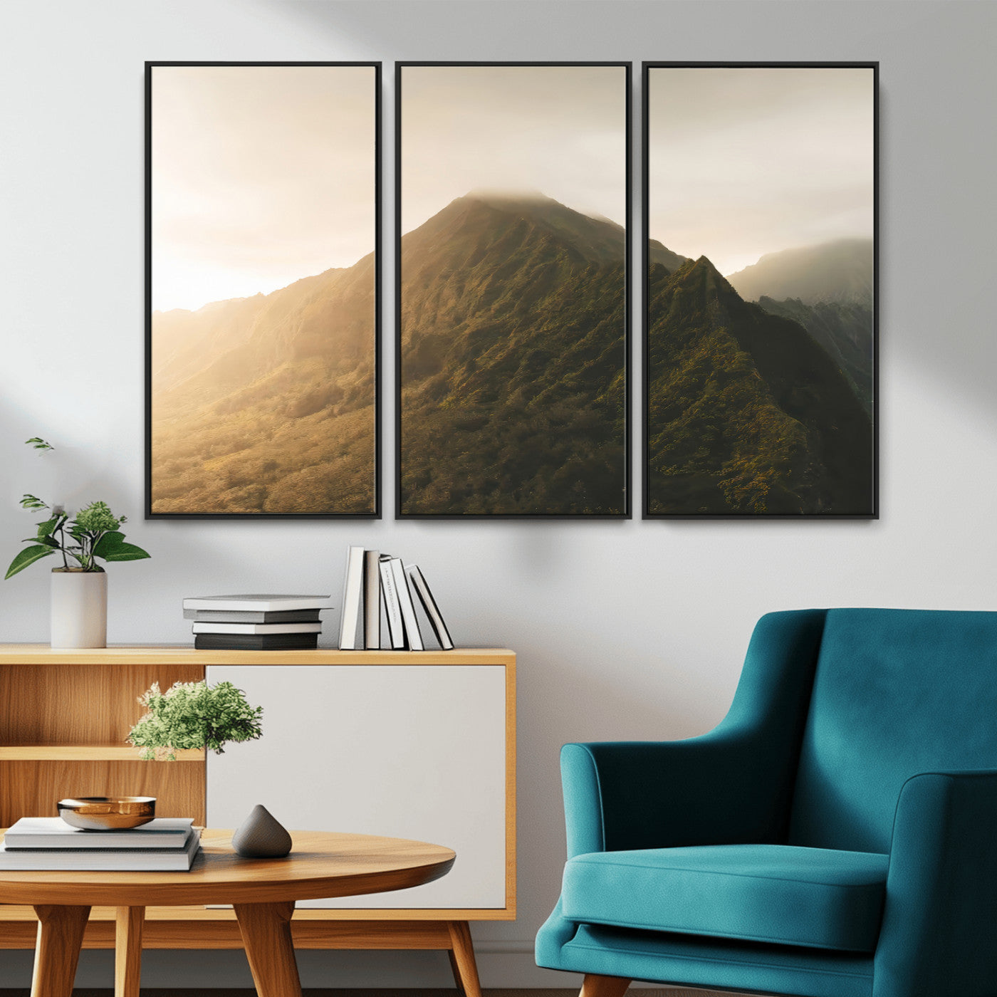 Sunlit mountain peak with mist rolling over its rugged slopes, bathed in golden light, creating a warm and tranquil nature-inspired scene.