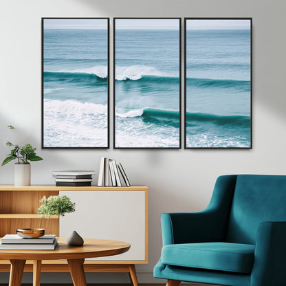 Powerful ocean waves rolling towards the shore, their turquoise hues blending with white sea foam under an open horizon, capturing the essence of the ocean's movement.
