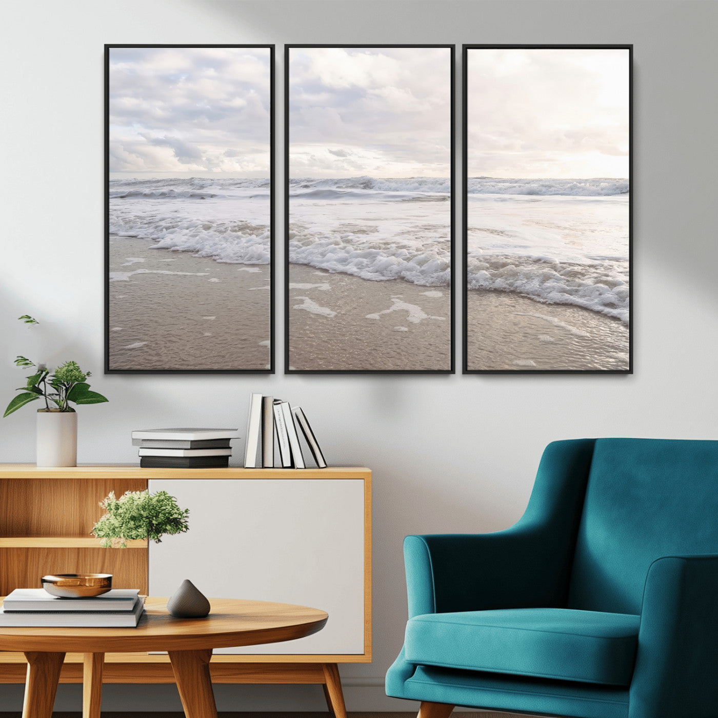 Peaceful ocean waves rolling onto the sandy shore under soft light, perfect for neutral or coastal minimalist decor themes.