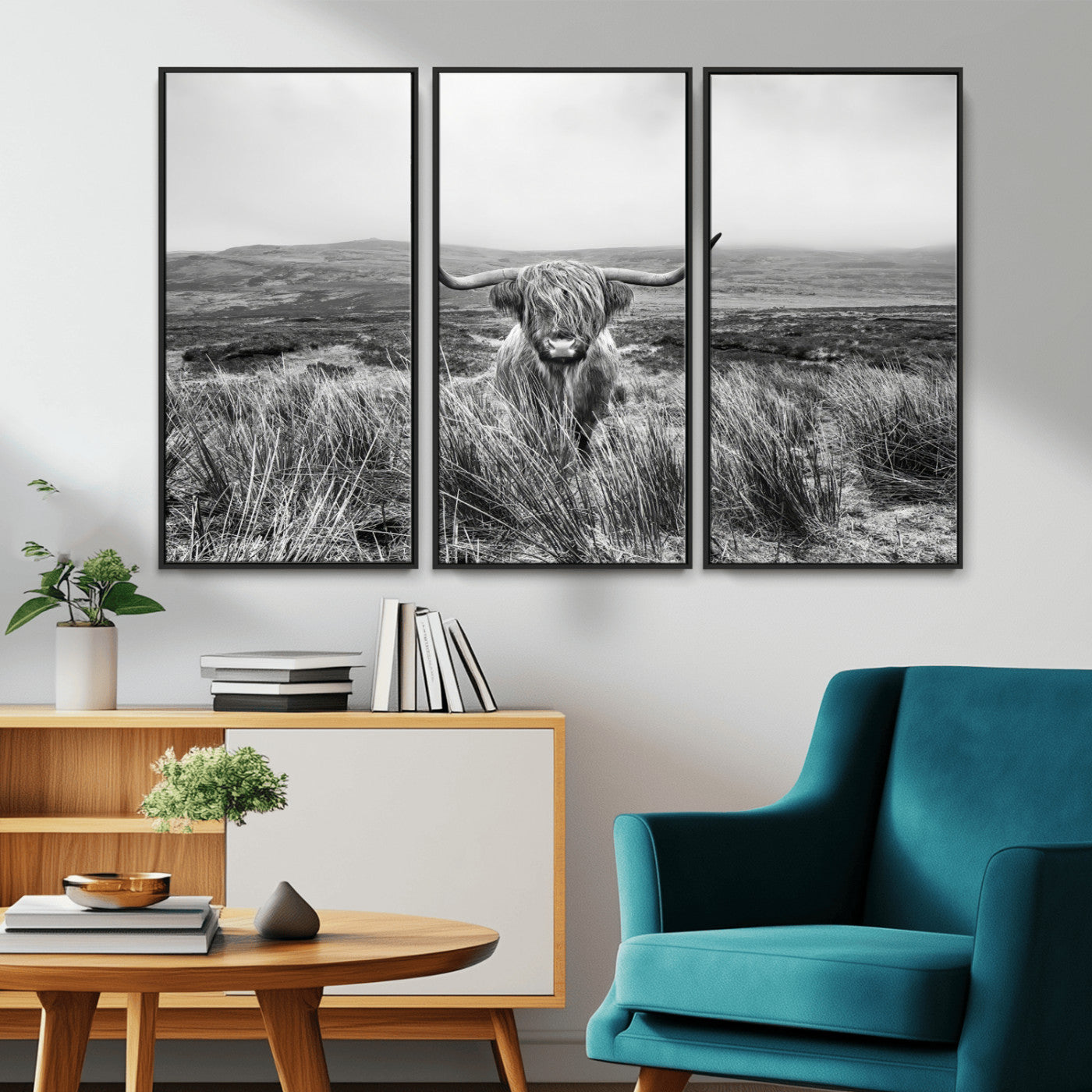 A black and white portrait of a Highland cow in a foggy Scottish countryside, capturing a rustic aesthetic and tranquil farm escape.