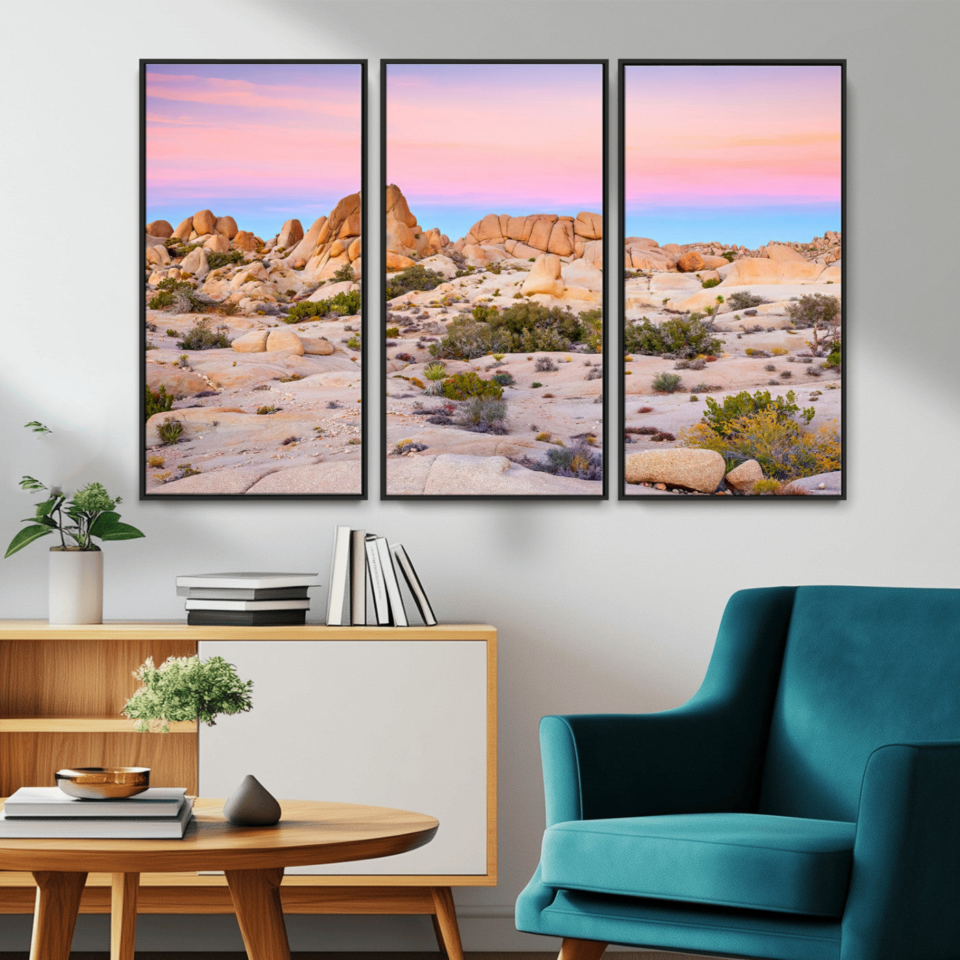 A breathtaking desert landscape featuring rugged rock formations under a vibrant pastel sunset sky, capturing the warmth and serenity of a Southwestern wilderness.