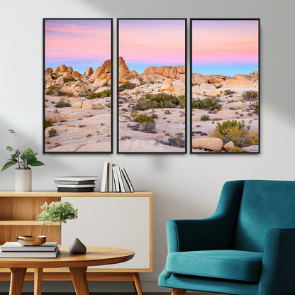 A breathtaking desert landscape featuring rugged rock formations under a vibrant pastel sunset sky, capturing the warmth and serenity of a Southwestern wilderness.