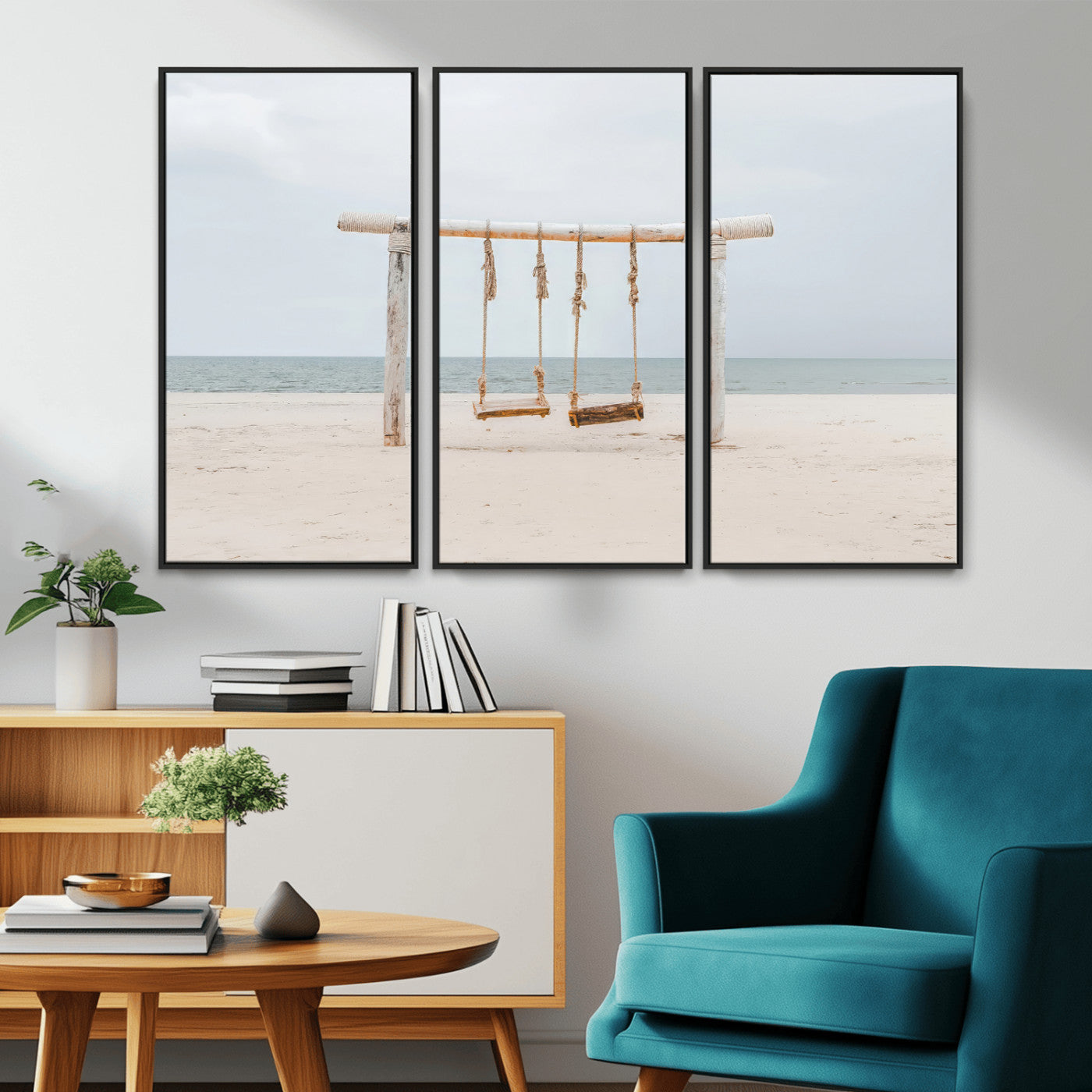 A rustic wooden beach swing stands on a serene sandy shore with an ocean horizon in the background, creating a tranquil and dreamy coastal escape.