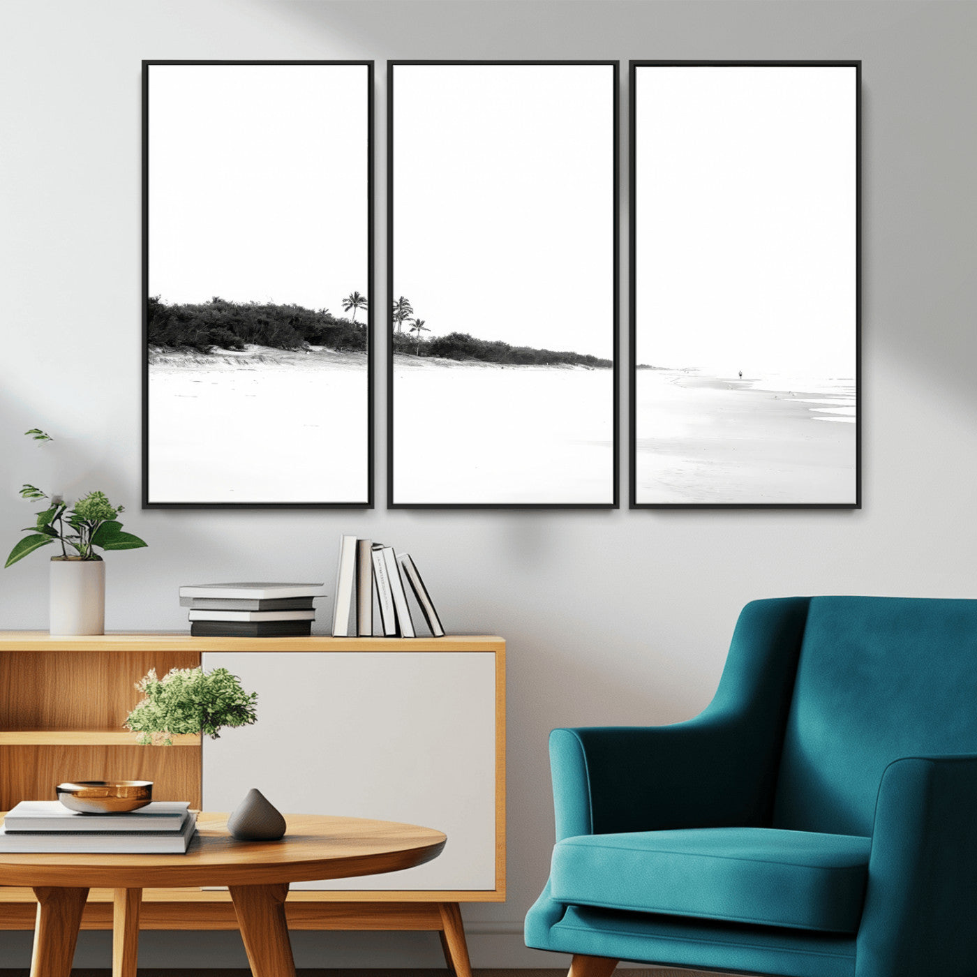 A black and white minimalist coastal scene with a vast open beach, distant palm trees, and a lone figure walking along the shoreline, evoking serenity and solitude.