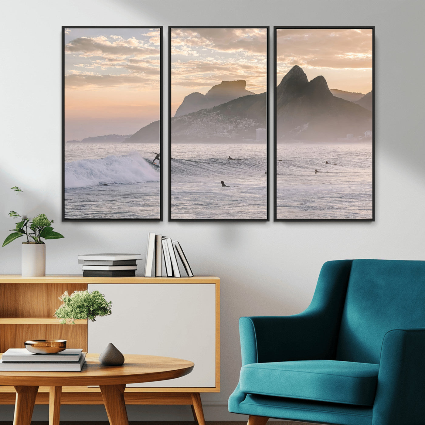 A surfer rides a golden hour wave near misty coastal mountains, surrounded by fellow surfers, capturing the spirit of a coastal adventure.