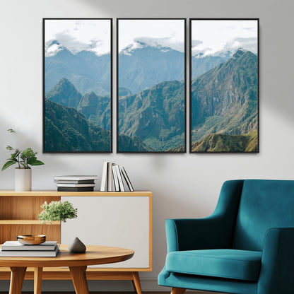 A misty mountain landscape with cloud-covered Andean peaks and lush green valleys, creating a dramatic and serene view, perfect for rustic or nature-inspired home decor.