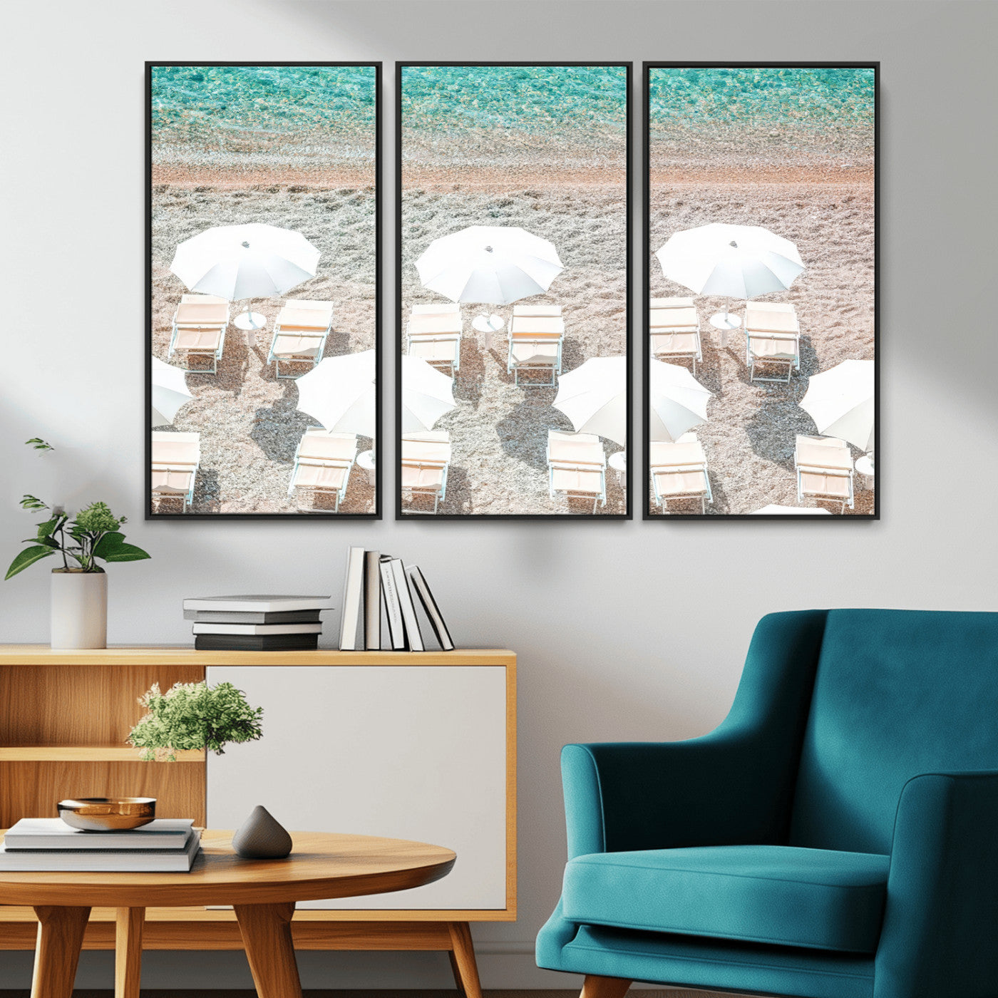 A bright beach scene with white umbrellas, pastel sand, and turquoise waters, creating a tranquil coastal vibe, perfect for beach house or summer decor.