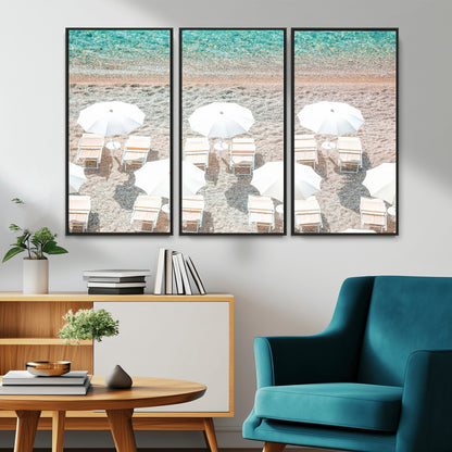 A bright beach scene with white umbrellas, pastel sand, and turquoise waters, creating a tranquil coastal vibe, perfect for beach house or summer decor.