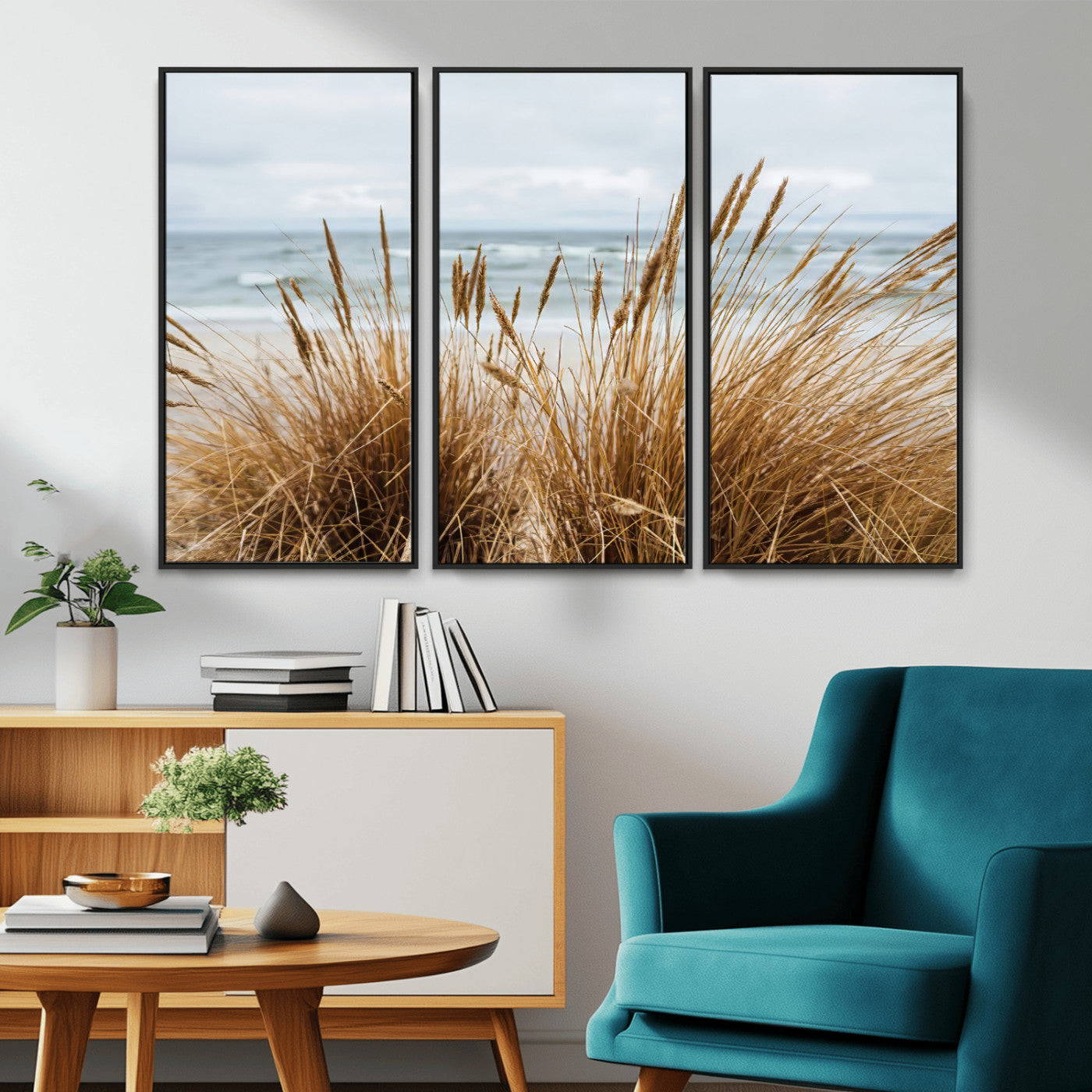 Canvas of golden beach grass swaying by the ocean under a soft cloudy sky, perfect for neutral-toned or coastal minimalist decor.