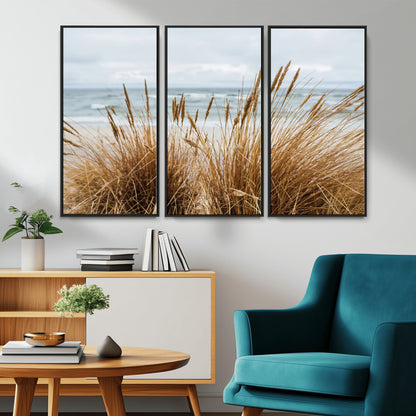 Canvas of golden beach grass swaying by the ocean under a soft cloudy sky, perfect for neutral-toned or coastal minimalist decor.