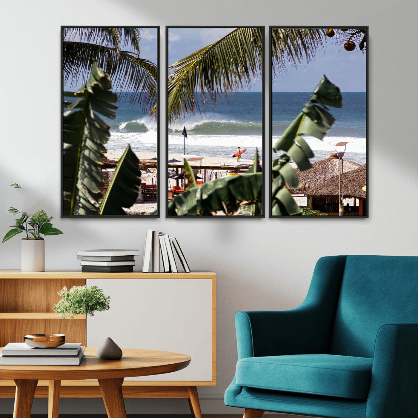 Canvas wall art of a tropical surf scene framed by palm trees, with a surfer on the shore and waves rolling in, ideal for beach-themed decor.