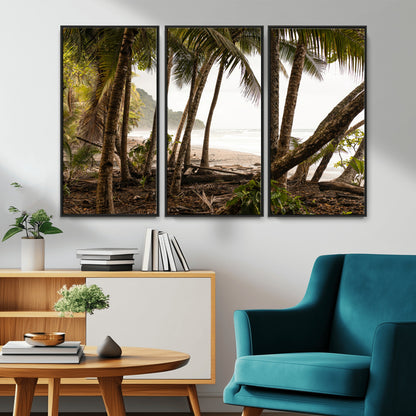 Dense tropical palm trees framing a sandy beach and ocean shore, ideal for jungle or coastal themed interior wall decor.