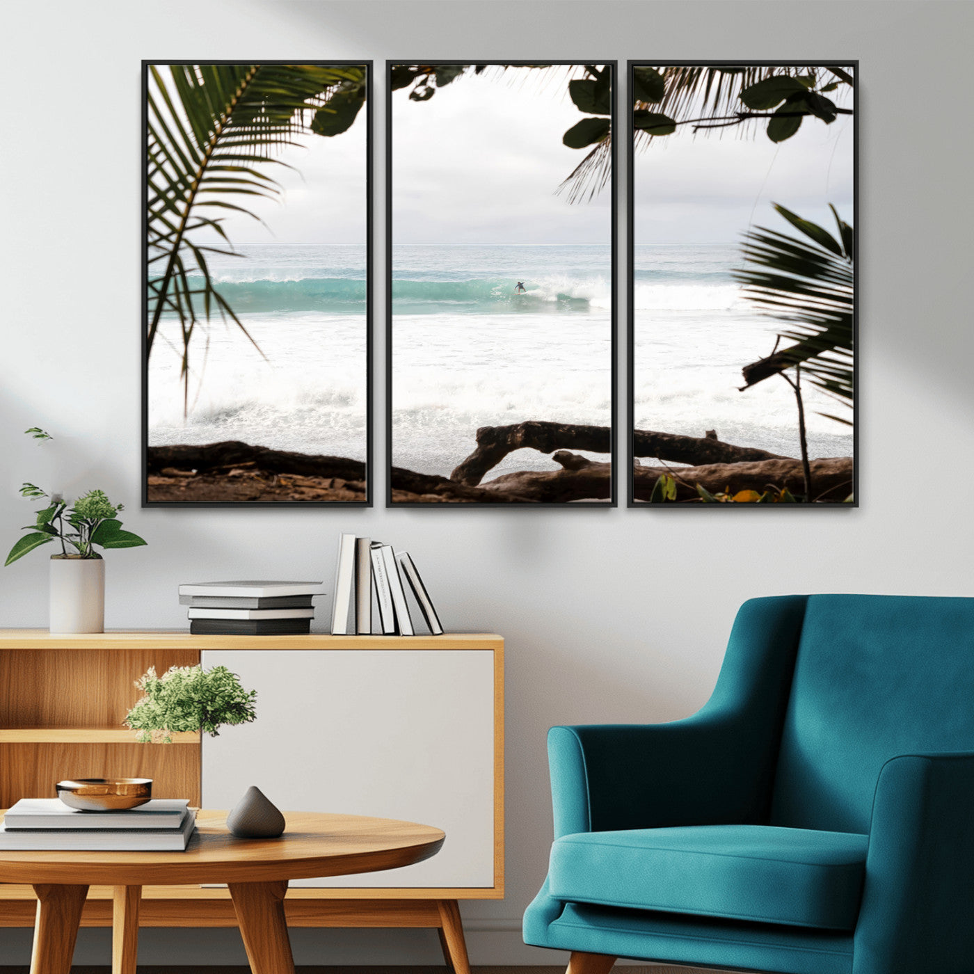 Tropical beach view with palm trees and surfer riding a wave, perfect for boho or coastal-inspired interior wall decor.